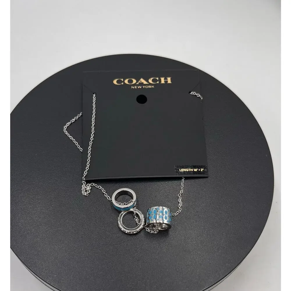 Coach Signature Black Enamel Crystal Rondell‎ Charm Silver Tone Necklace C1905